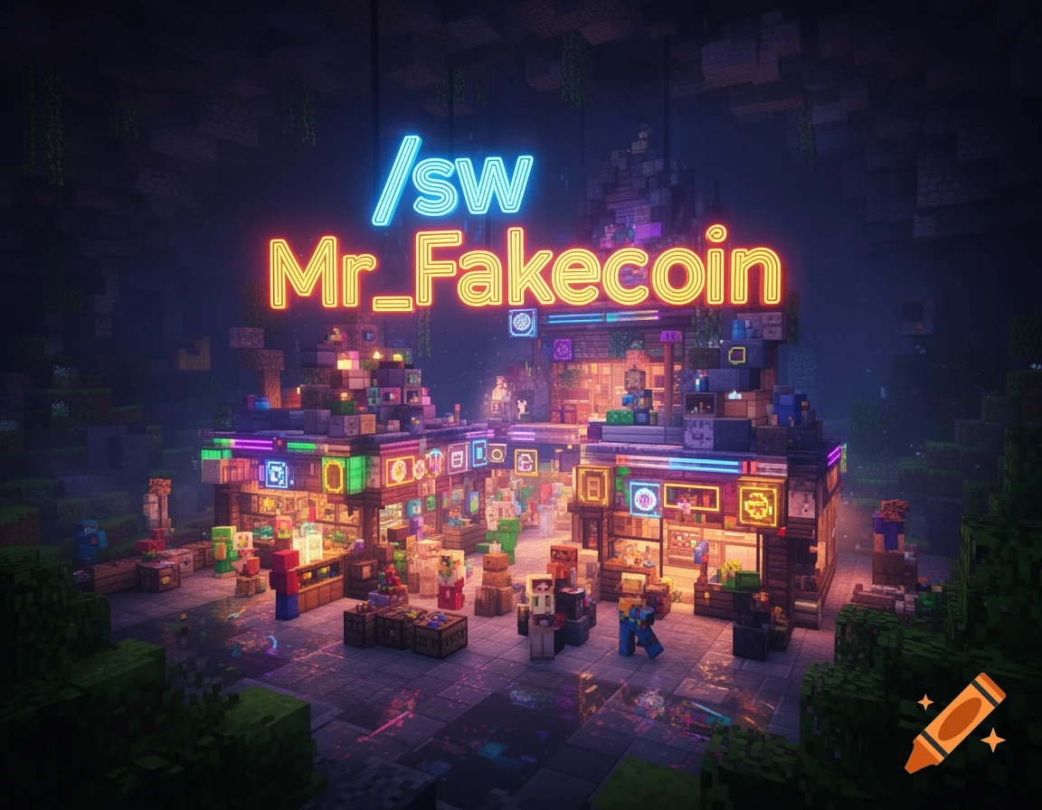 A vibrant Minecraft-style underground market at night with colorful neon signs, including one that reads '/sw Mr_Fakecoin'.