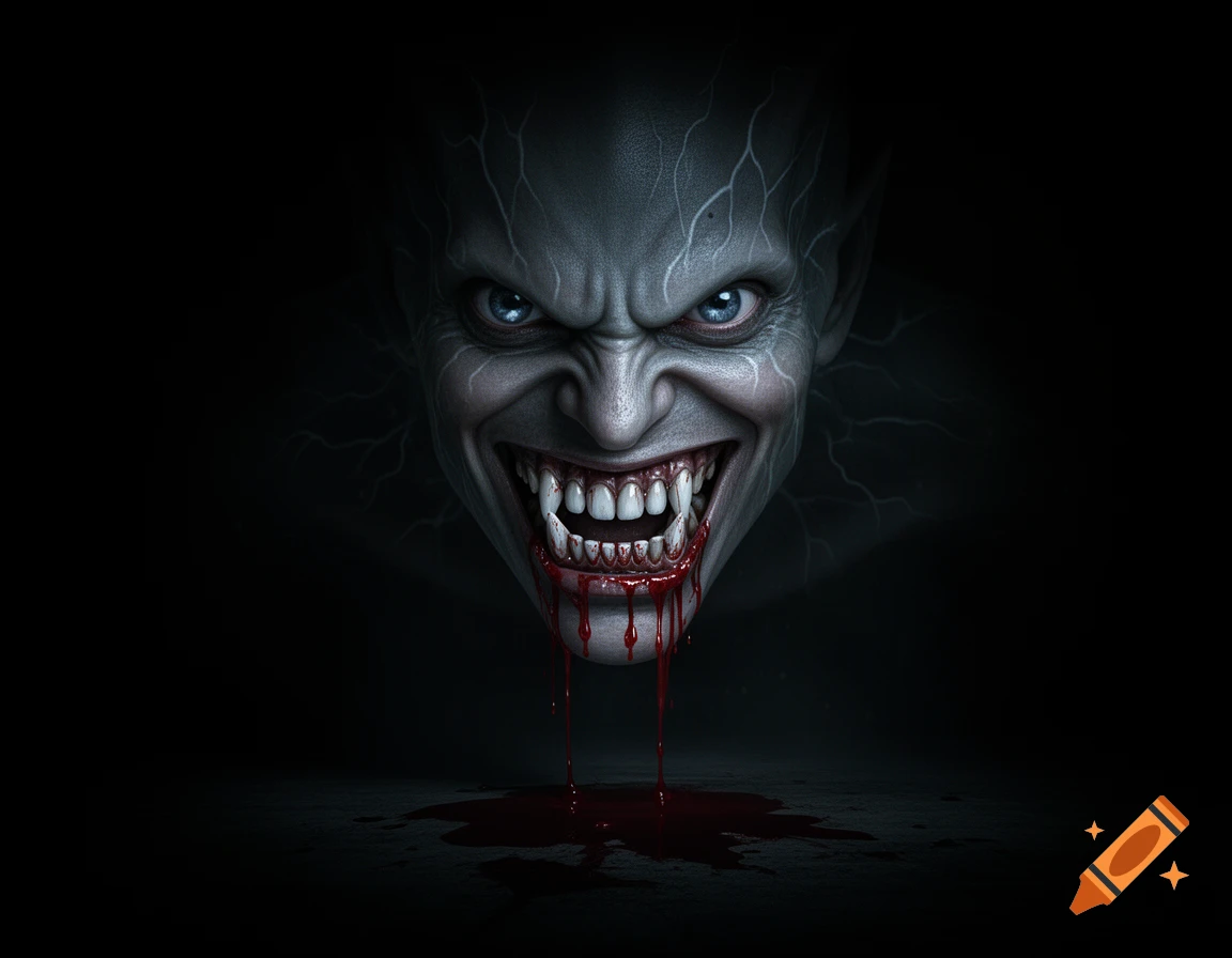 Photorealistic image of a grinning, fanged vampire-like creature with blood dripping from its mouth, emerging from darkness.