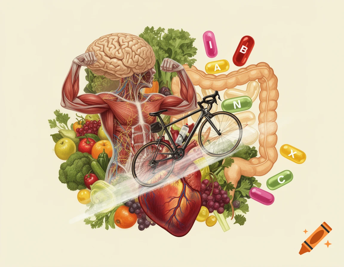 Illustrative collage featuring human anatomy (brain, muscles, heart, intestines) surrounded by healthy food, vitamin pills, and a racing bicycle, symbolizing health.