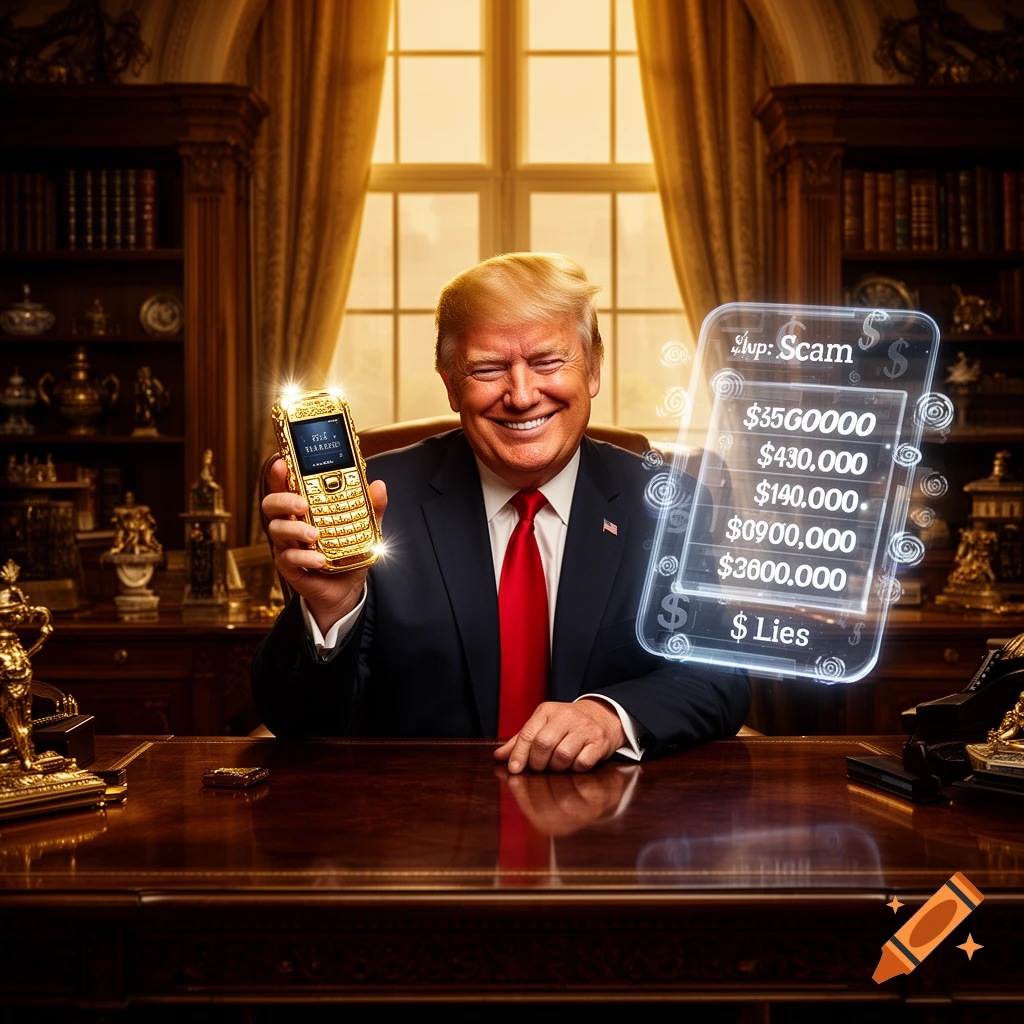 A smiling Donald Trump sits at a desk, holding a glowing golden flip phone. A holographic screen next to him displays 'Scam,' 'Lies,' and dollar amounts.