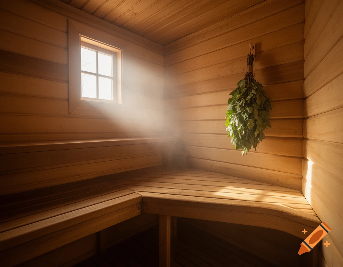 Warm, photorealistic interior of a wooden sauna with sunbeams filtering through a small window and a birch broom hanging.