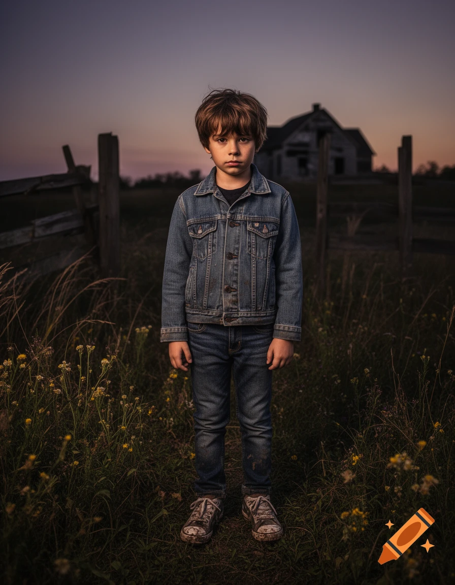 Photorealistic portrait of a solemn young boy in a denim jacket, standing in a grassy field with an old, dark house in the background at dusk.