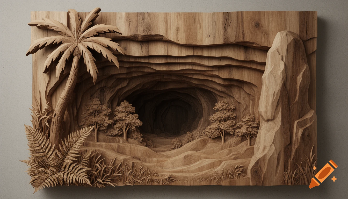 Detailed wood carving of a layered landscape with a dark cave, rolling hills, small trees, a palm tree, and a tall rock formation.