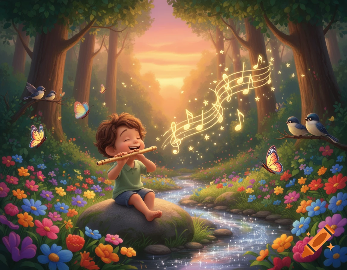 Happy cartoon child plays a flute in a magical forest with glowing musical notes, butterflies, birds, colorful flowers, and a sparkling stream.
