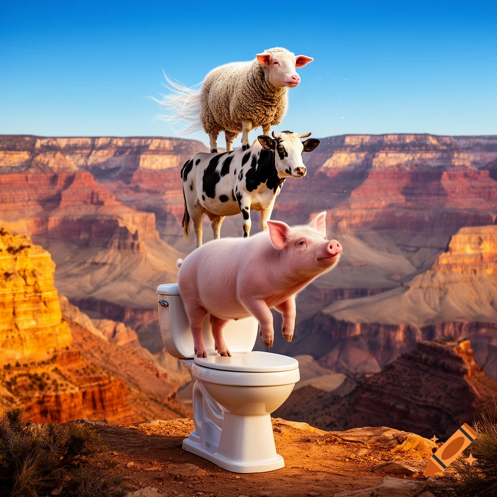 A pig stands on a white toilet, with a cow on the pig, and a sheep on the cow, all set against the vast Grand Canyon.