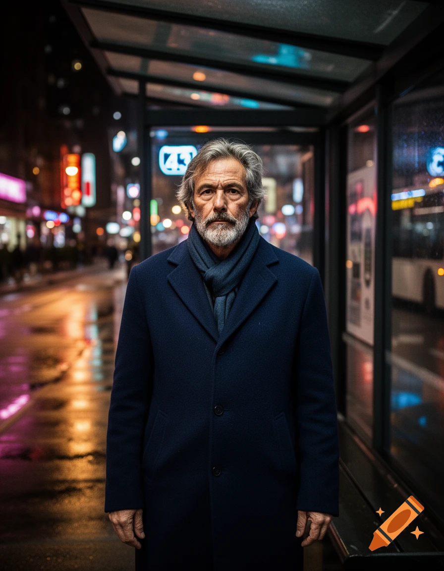 A grizzled man with a beard and grey hair stands at a city bus stop at night, wearing a navy blue coat and scarf.