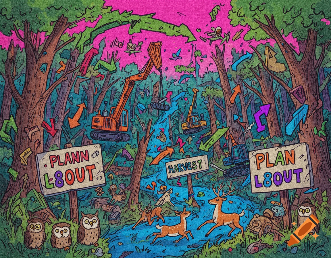 A stylized, colorful illustration of a forest being harvested, with excavators, deer, owls, and signs reading 'PLANN L8OUT', 'HARVEST', and 'PLAN L8OUT'.