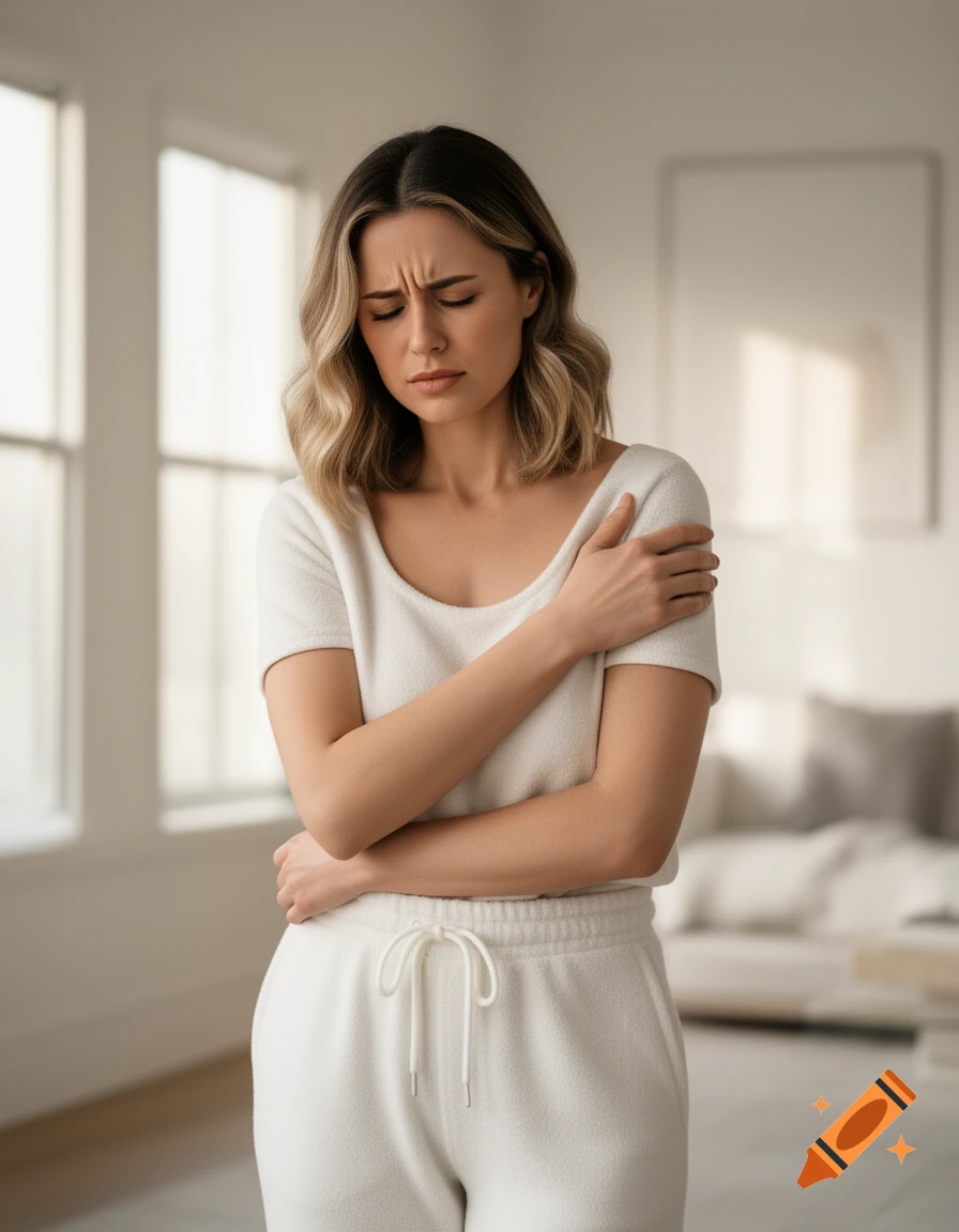 A woman in a white t-shirt and sweatpants holds her left shoulder, grimacing in pain in a bright room.