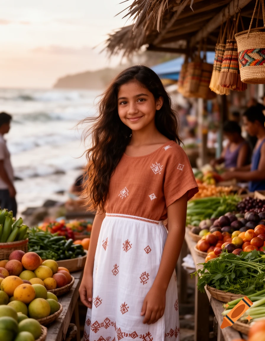 A smiling island girl with long dark hair, wearing a patterned dress, stands at a vibrant market stall by the sea at sunset.