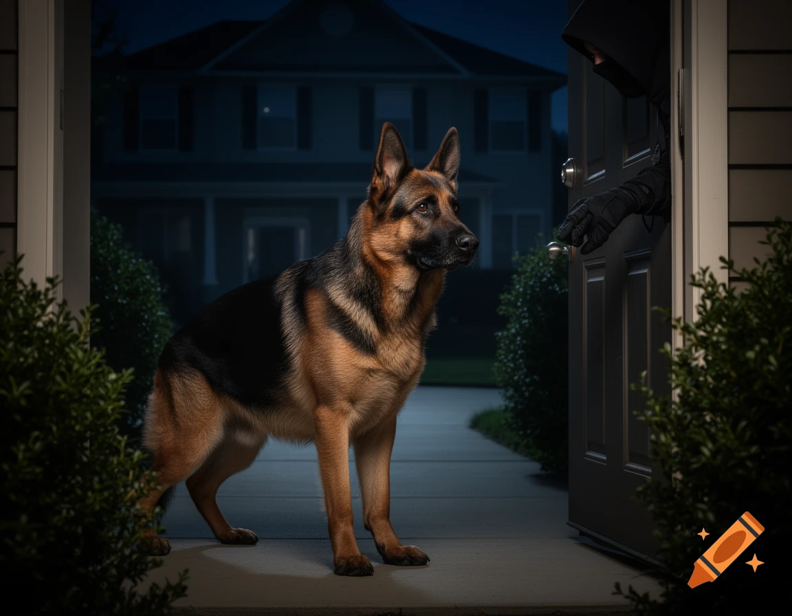 A German Shepherd stands guard at a dark front door, confronting a burglar's gloved hand at night. Photorealistic.