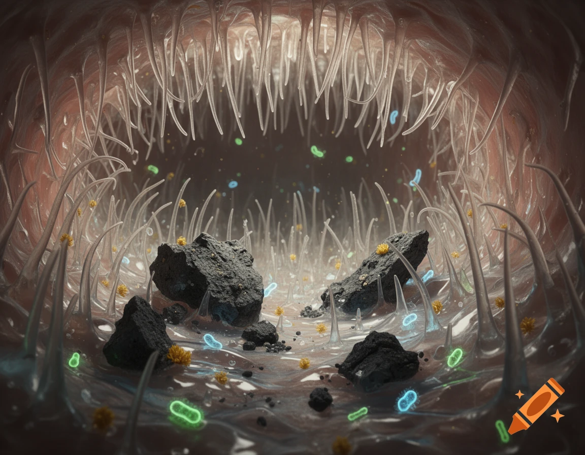 Photorealistic macro view inside a nasal cavity with translucent cilia, dark dust, golden pollen, and glowing bacteria in mucus.