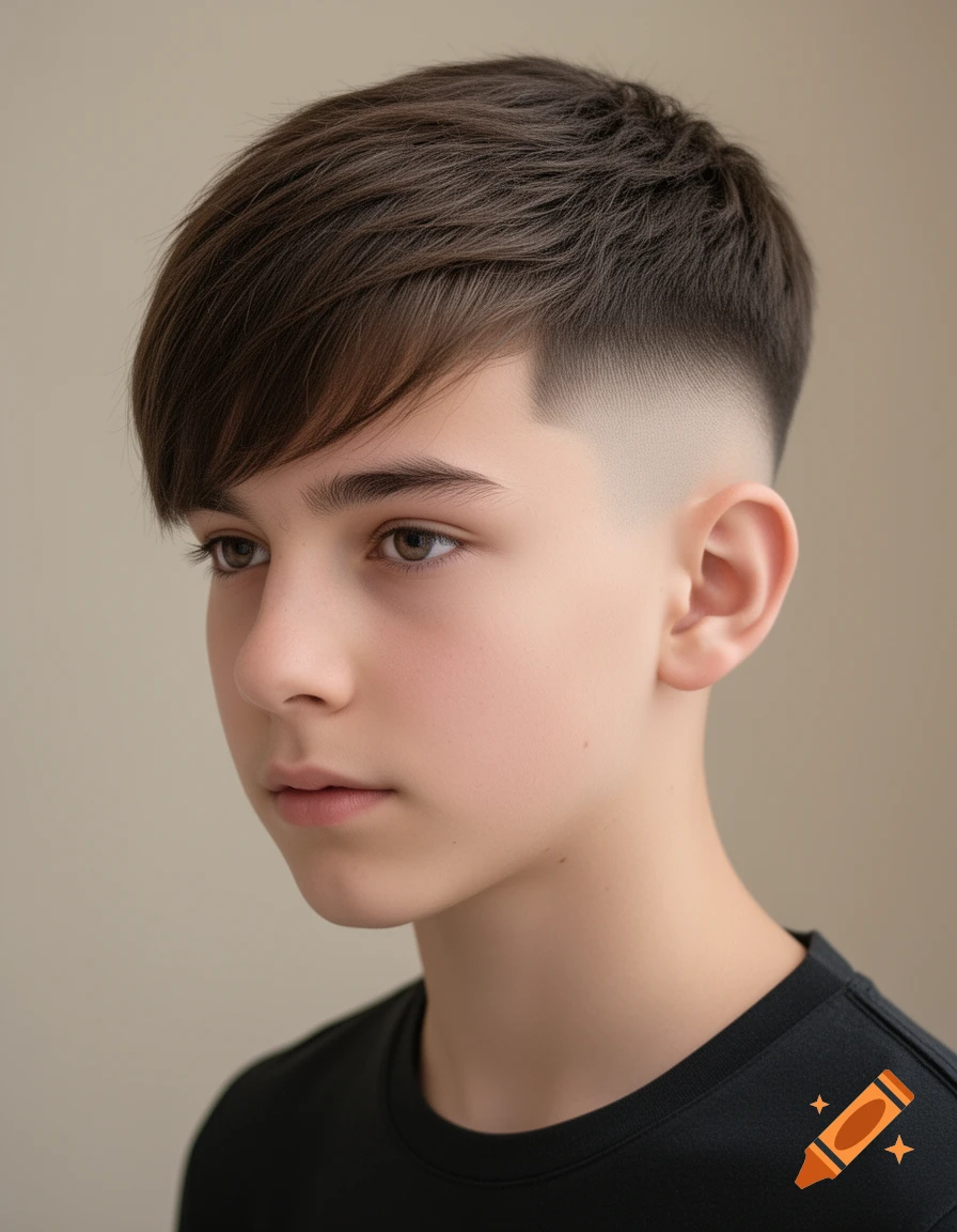 A young person with brown hair, a side-swept fringe, and a clean fade haircut on the sides, wearing a black t-shirt.