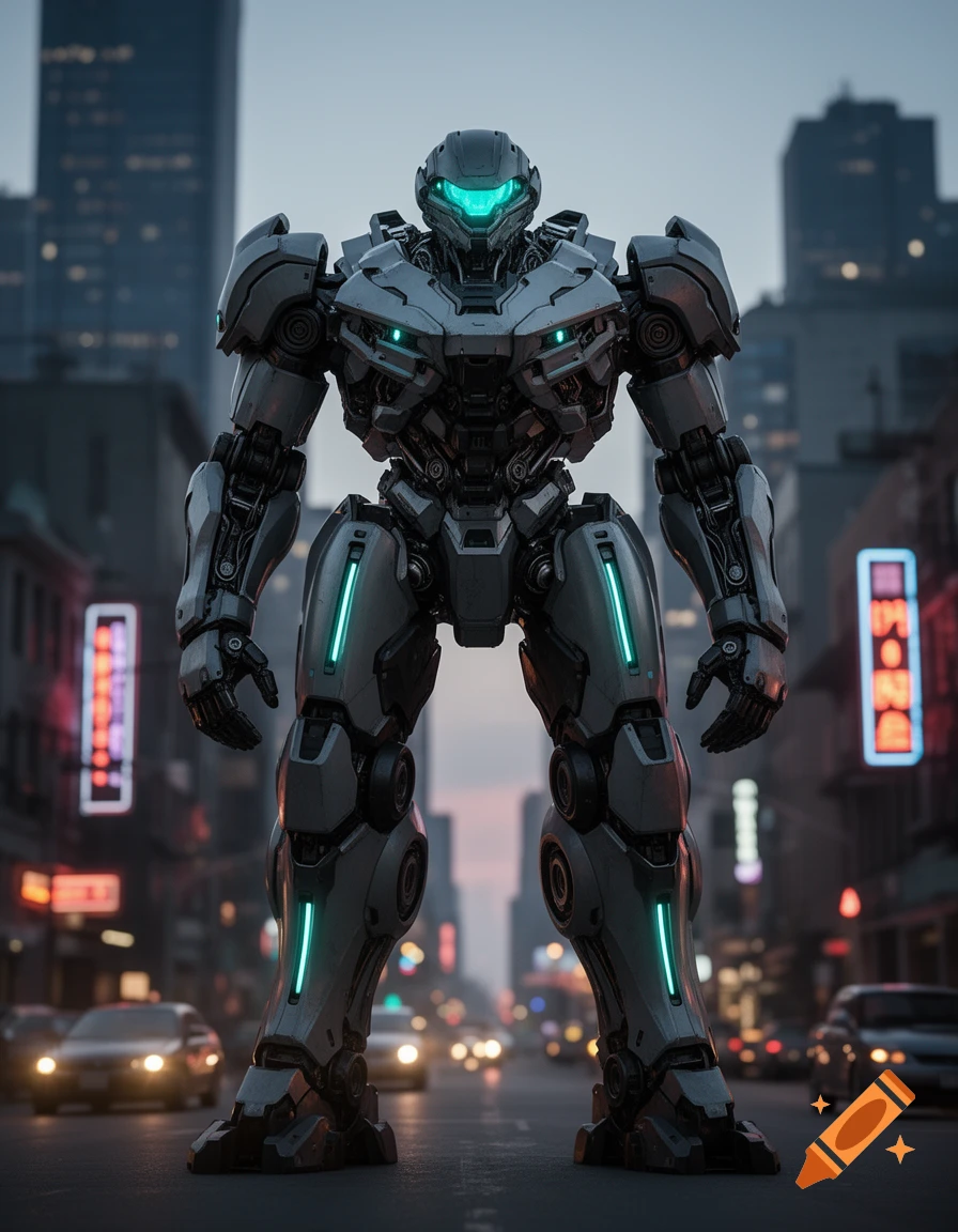 A giant grey mech suit with glowing teal lights stands in the middle of a busy city street at dusk, surrounded by cars and buildings.