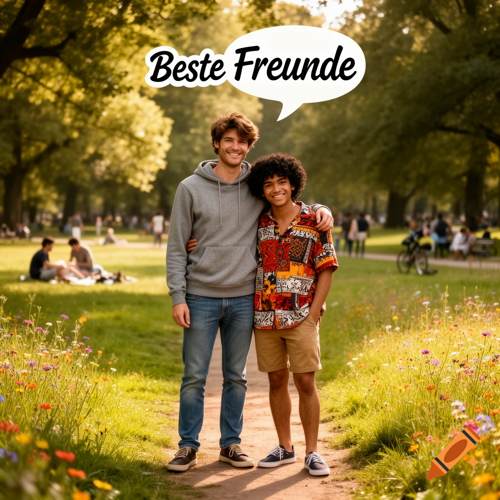 Two young men stand smiling in a sunny park with wildflowers and trees, one with an arm around the other, a speech bubble above them reads 'Beste Freunde'.