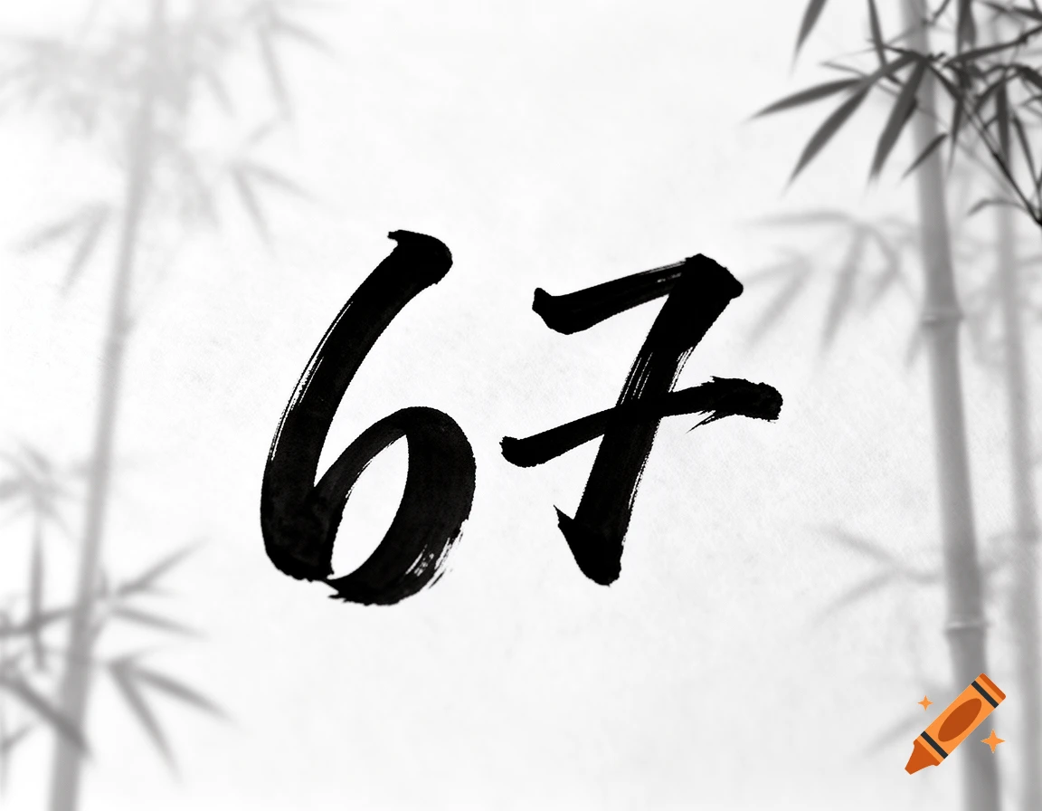 The number 67 rendered in bold black calligraphic brush strokes, set against a subtle, blurred background of bamboo stalks.