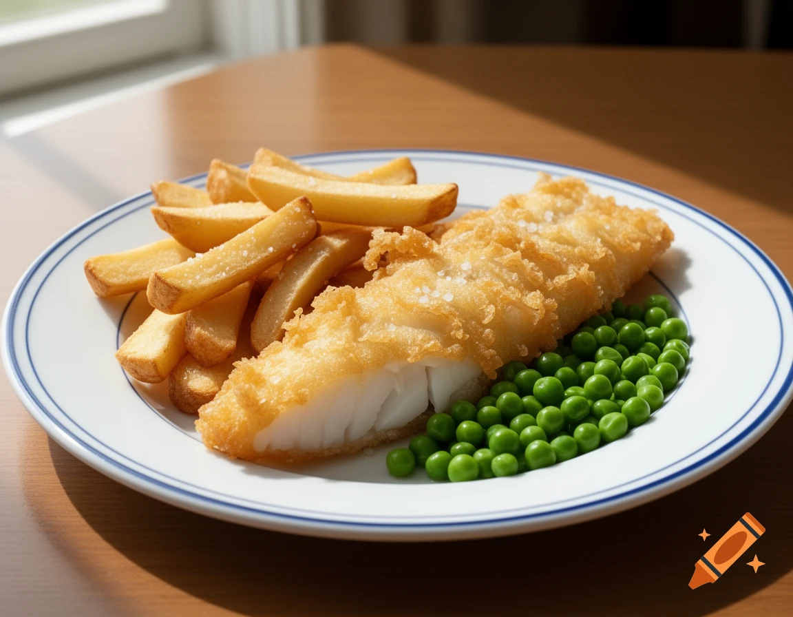 Photorealistic image of a plate of golden fried fish and chips with green peas on a white plate with a blue rim.