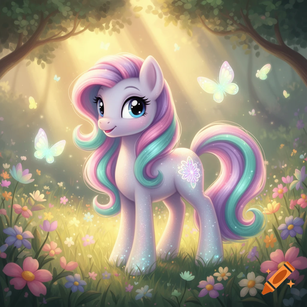 A cute, sparkling cartoon pony with pink, purple, and teal mane and tail stands in a sunlit, flowery forest with butterflies.