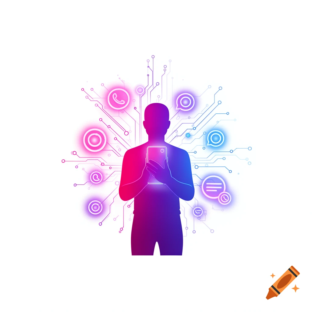 Minimalist digital illustration of a neon gradient silhouette holding a smartphone, with glowing icons and circuit lines radiating outward.