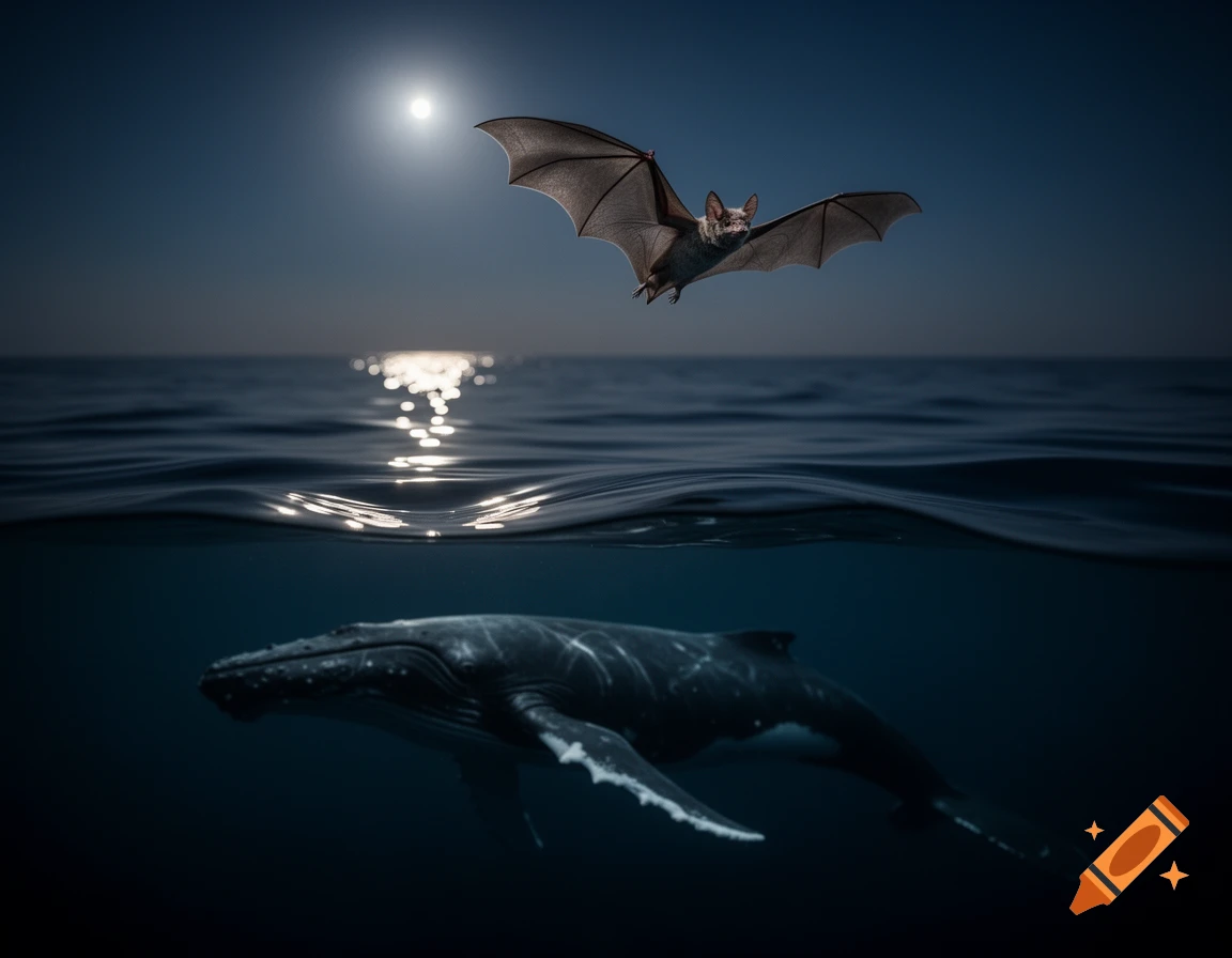A bat flies over a moonlit ocean with a whale swimming beneath the surface, photorealistic.