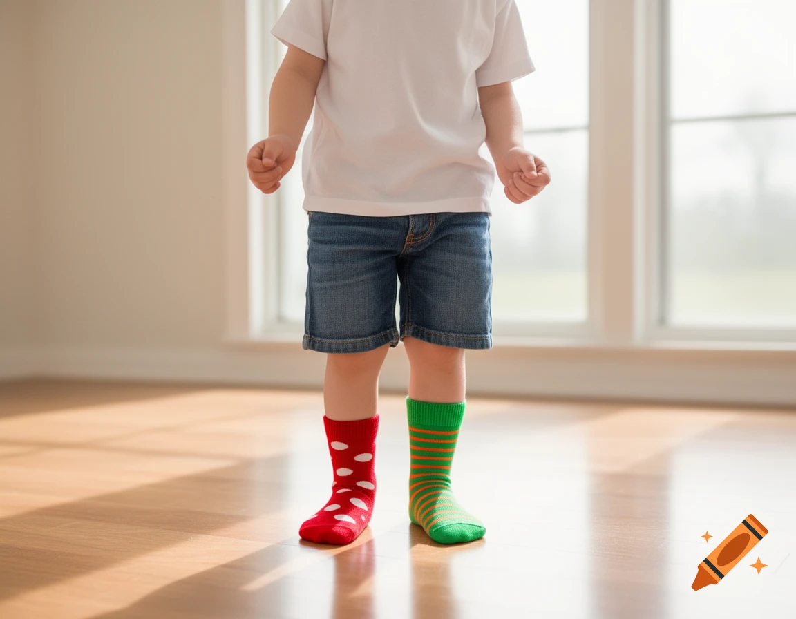 Lower body of a child in denim shorts, white shirt, and mismatched red polka dot and green striped socks on a wooden floor.