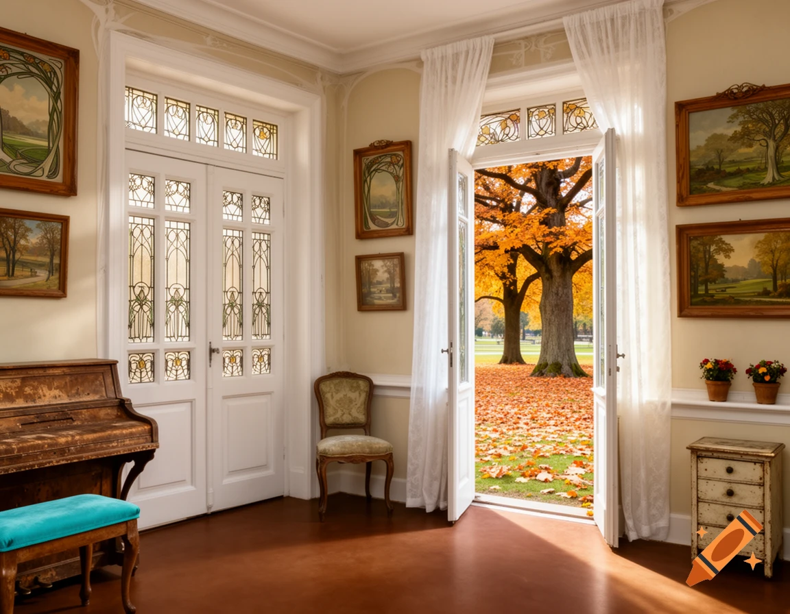 Photorealistic Art Nouveau room with open doors to an autumn park, featuring a piano, chairs, and landscape paintings.