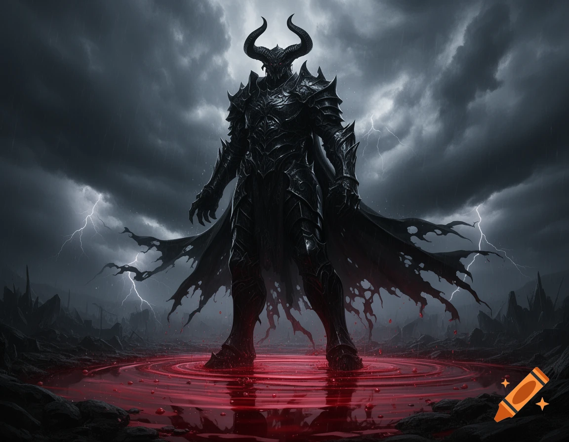 A dark, horned monster in black armor and a tattered cape stands in a pool of red liquid under a stormy, lightning-filled sky.