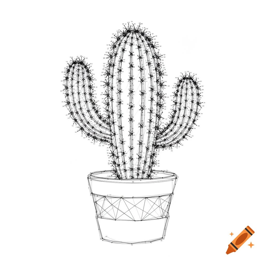 Black and white connect-the-dots line drawing of a potted cactus.