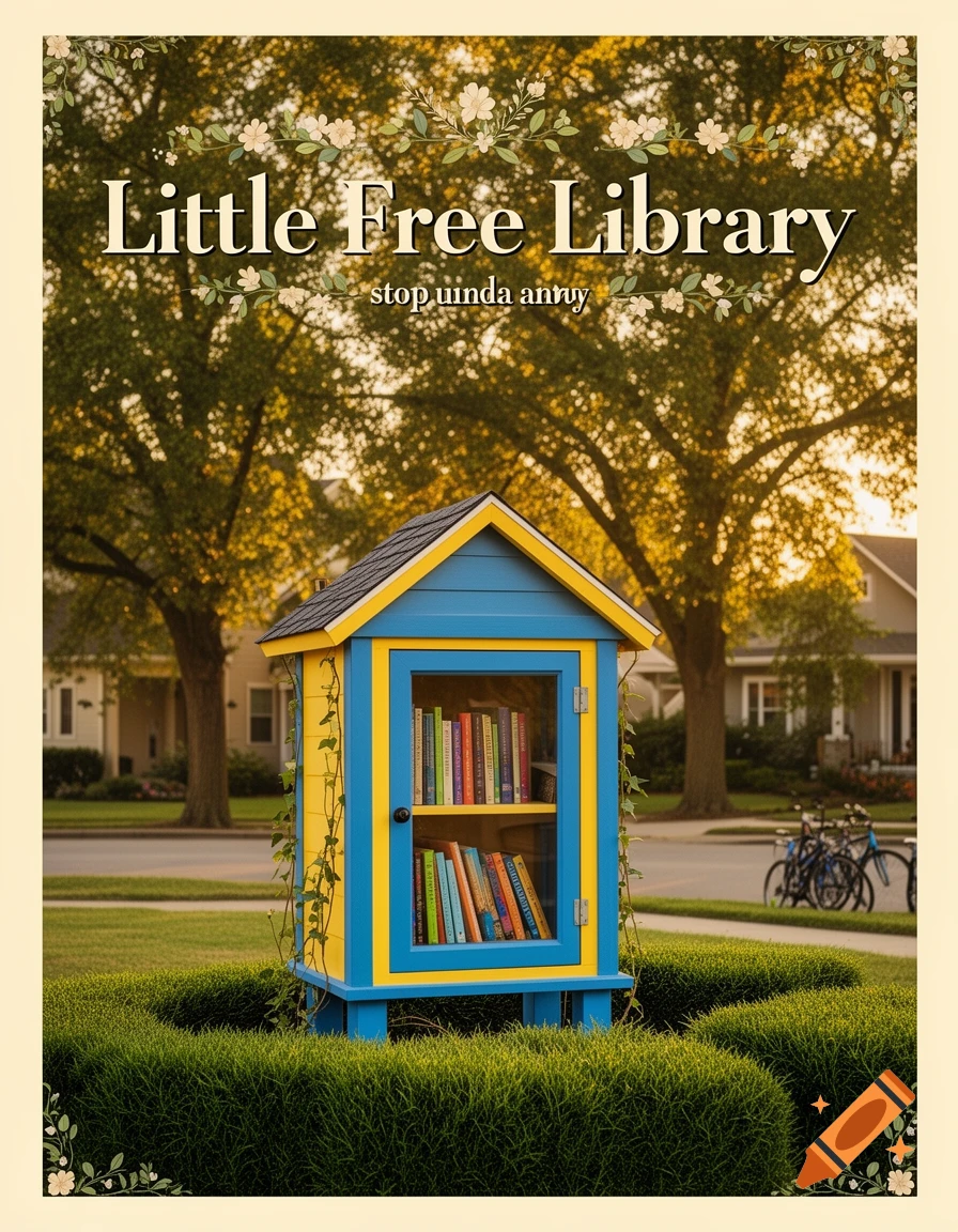 A colorful yellow and blue Little Free Library full of books, set amidst green hedges in a sunny suburban neighborhood.