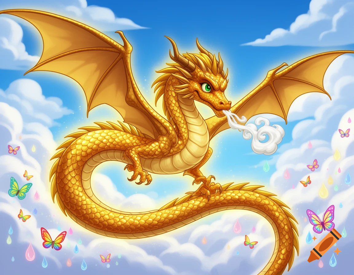 A cartoon golden dragon with green eyes flies in a blue sky with clouds, breathing white smoke, surrounded by colorful butterflies and raindrops.