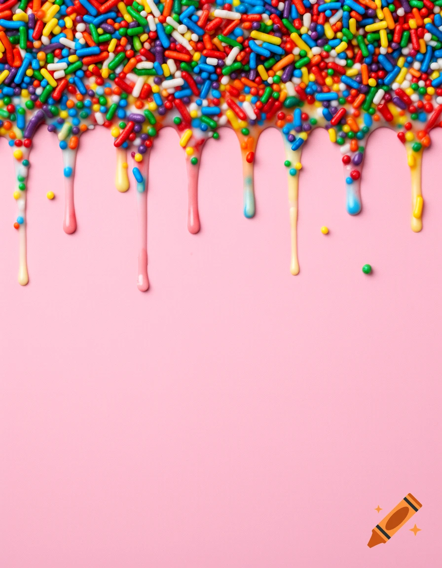 Rainbow sprinkles and white glaze dripping on a baby pink background.