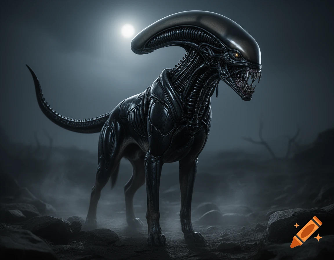 A dark, metallic Xenomorph-dog hybrid stands on a rocky, foggy alien landscape under a bright moon, baring its sharp teeth.
