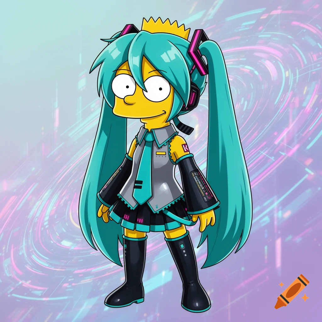 Bart Simpson dressed as Hatsune Miku with blue pigtails and a crown, standing in front of a swirling neon background.