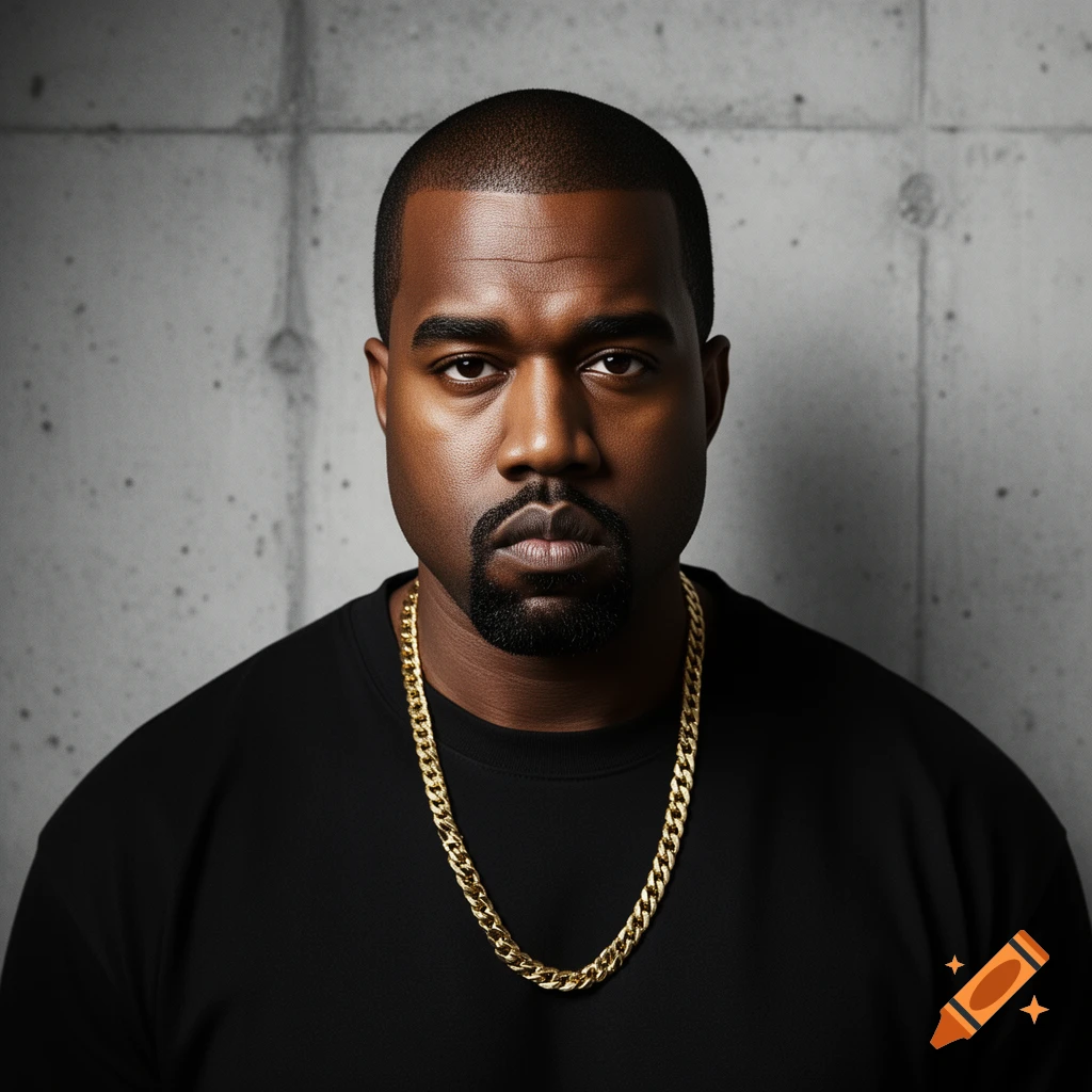 A headshot portrait of musician Kanye West wearing a black t-shirt and gold chain against a concrete wall.