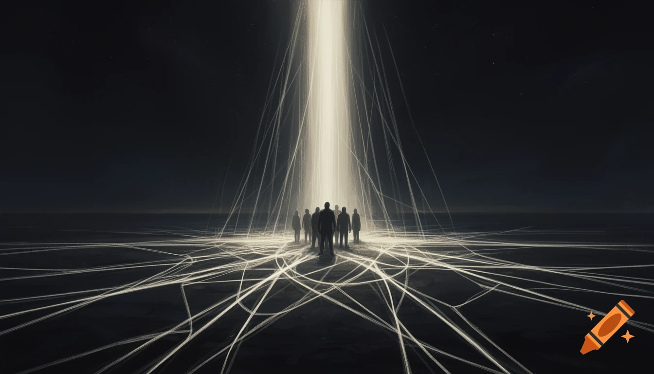 Silhouetted figures stand under a powerful light beam radiating thin lines across a dark, expansive ground.
