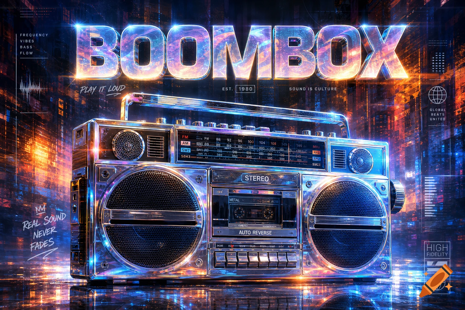 A detailed, glowing chrome boombox with "BOOMBOX" text, set against a vibrant, neon-lit, retro-futuristic cityscape background.