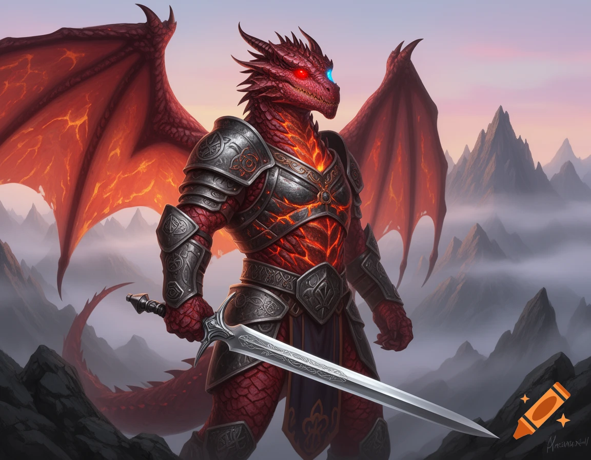 A powerful red dragonborn in ornate armor, with one red and one blue eye, holds a long sword in a misty mountain landscape.