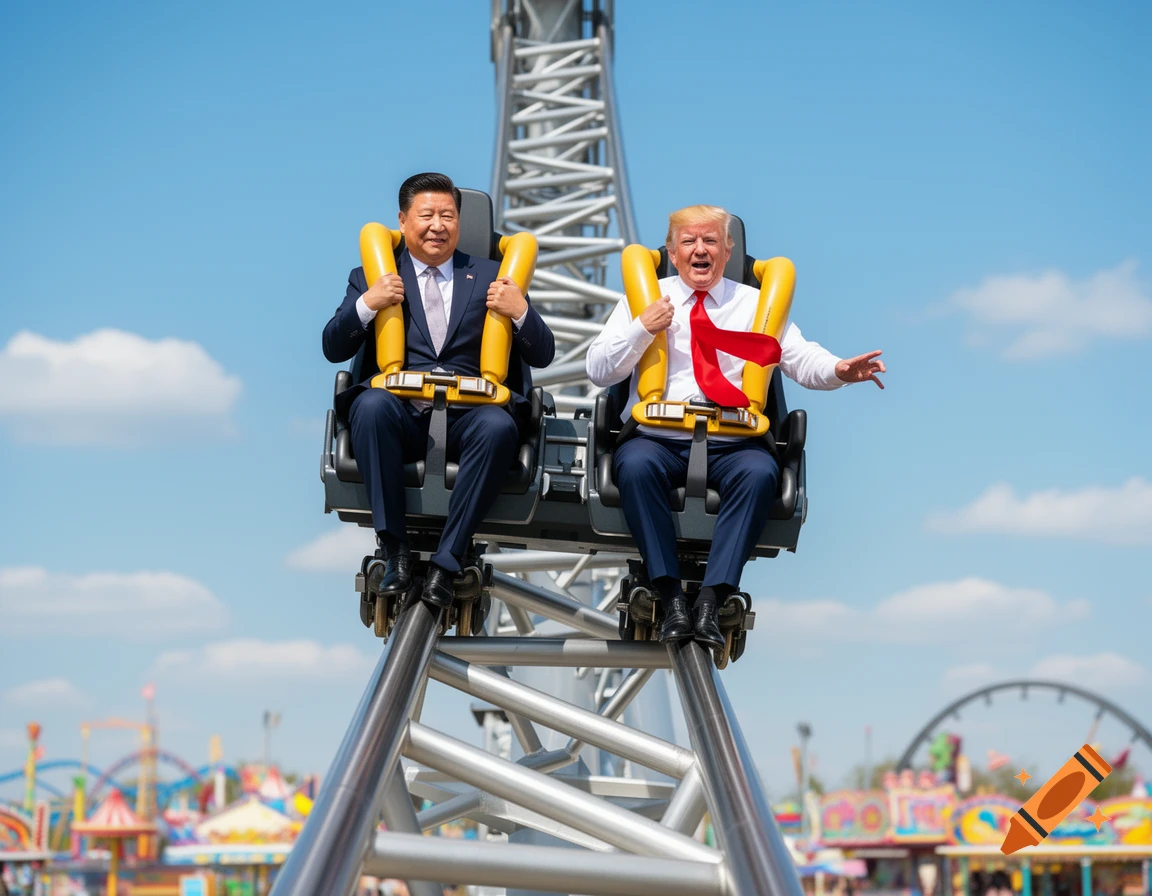 Photorealistic image of Xi Jinping and Donald Trump riding a roller coaster at an amusement park.