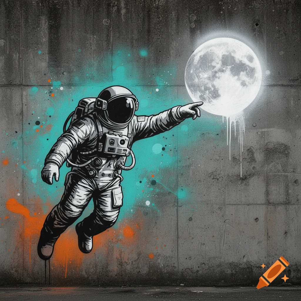 Graffiti stencil of an astronaut on a concrete wall reaching out and pointing towards a full moon, with teal and orange spray paint accents.