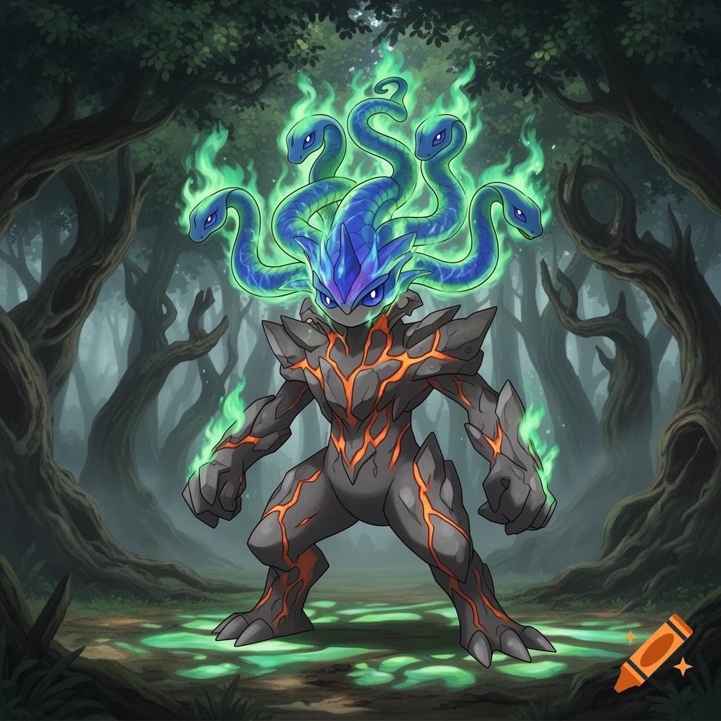 A cartoonish Pokemon-like monster with a rocky, lava-cracked body and blue snakes with green flame aura on its head stands in a misty forest.