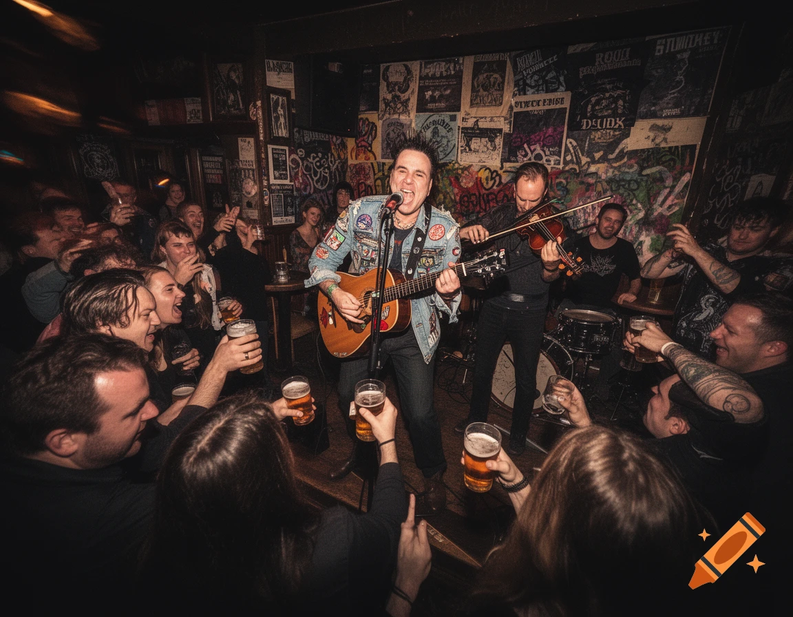 A punk/folk band performs live on stage in a crowded, dimly lit pub, with the lead singer playing guitar and singing into a microphone, while a violinist plays beside him. The audience cheers, holding glasses of beer.