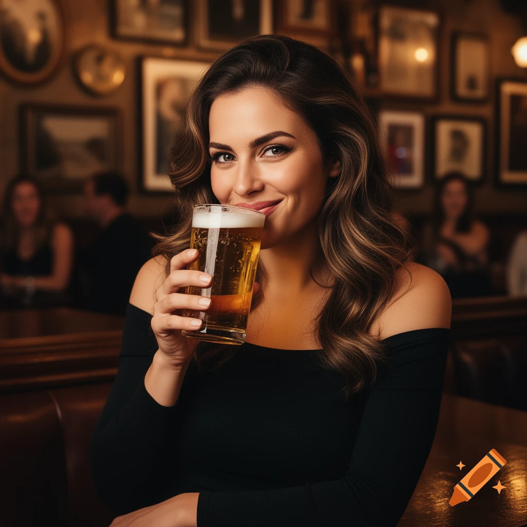 Photorealistic image of a smiling woman in a bar, holding a glass of beer.