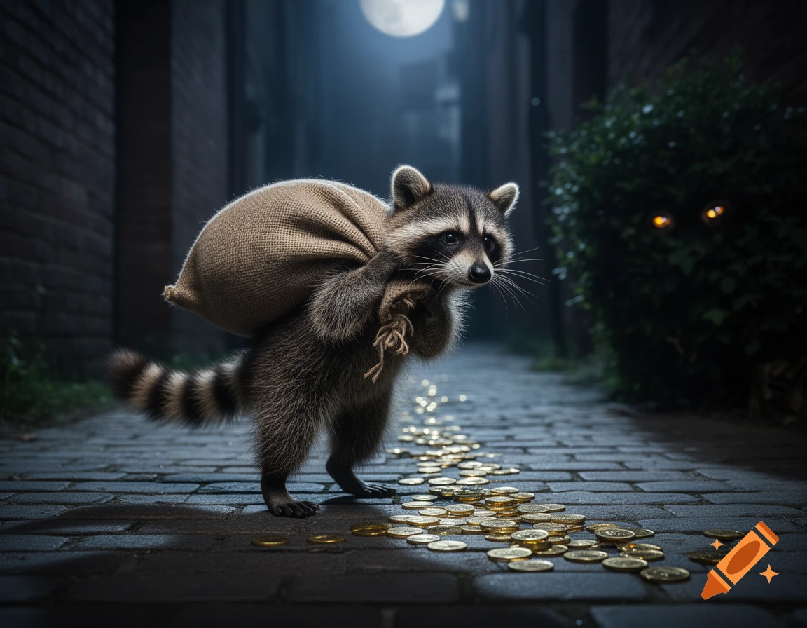 Photorealistic raccoon thief carrying a sack, spilling gold coins in a dark alley under a full moon, with glowing eyes in a bush.