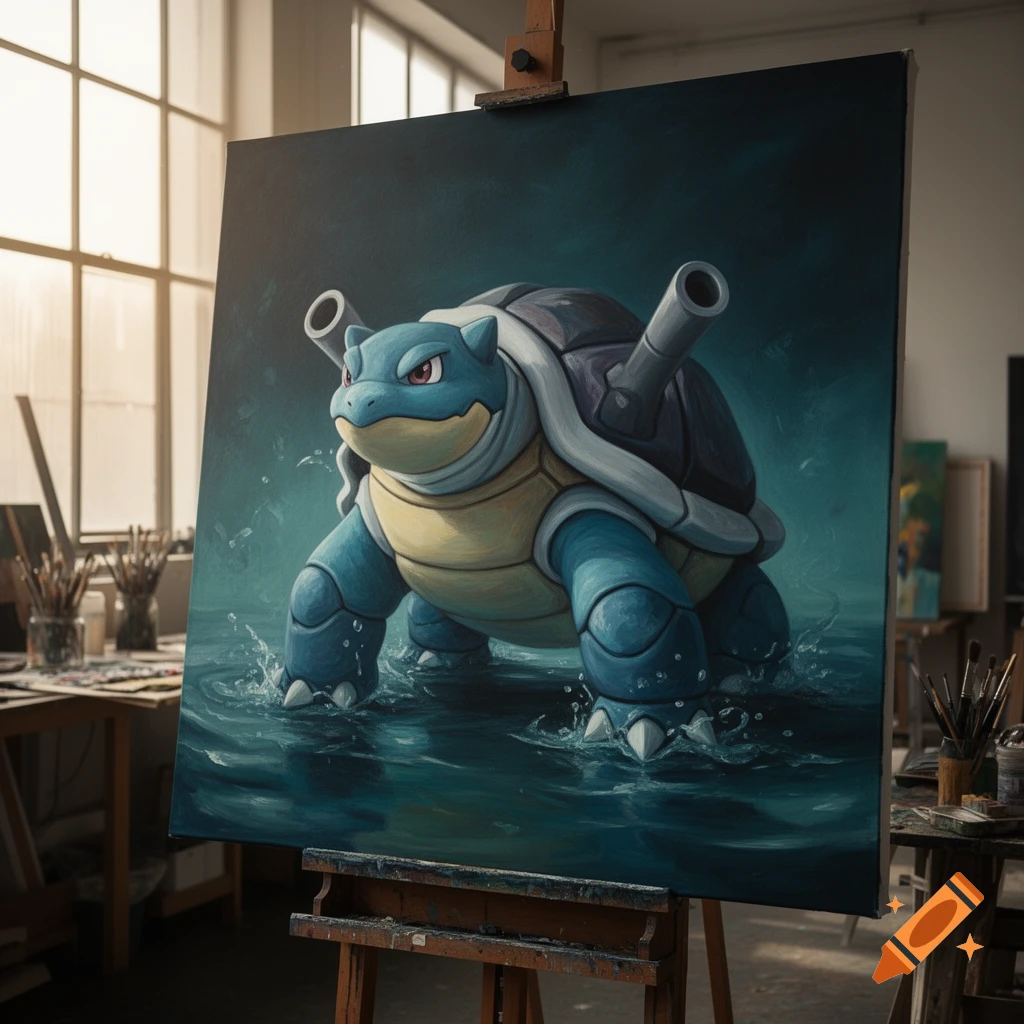 A detailed painting of the Pokemon Blastoise standing in water, displayed on an easel in an art studio.