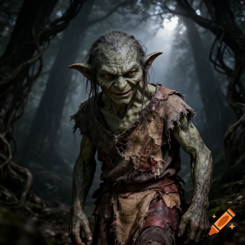 A photorealistic, menacing goblin with green skin and ragged clothes stands in a dark, misty forest under moonlight.