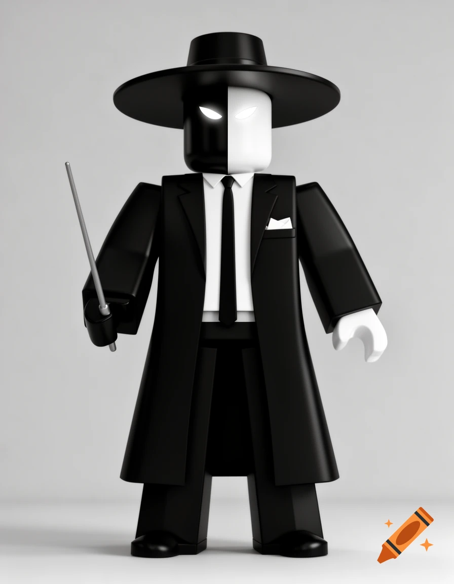 A stylized 3D character resembling a Roblox avatar. The figure wears a black suit, long coat, black hat, and has a face split vertically in black and white with glowing eyes, holding a wand.