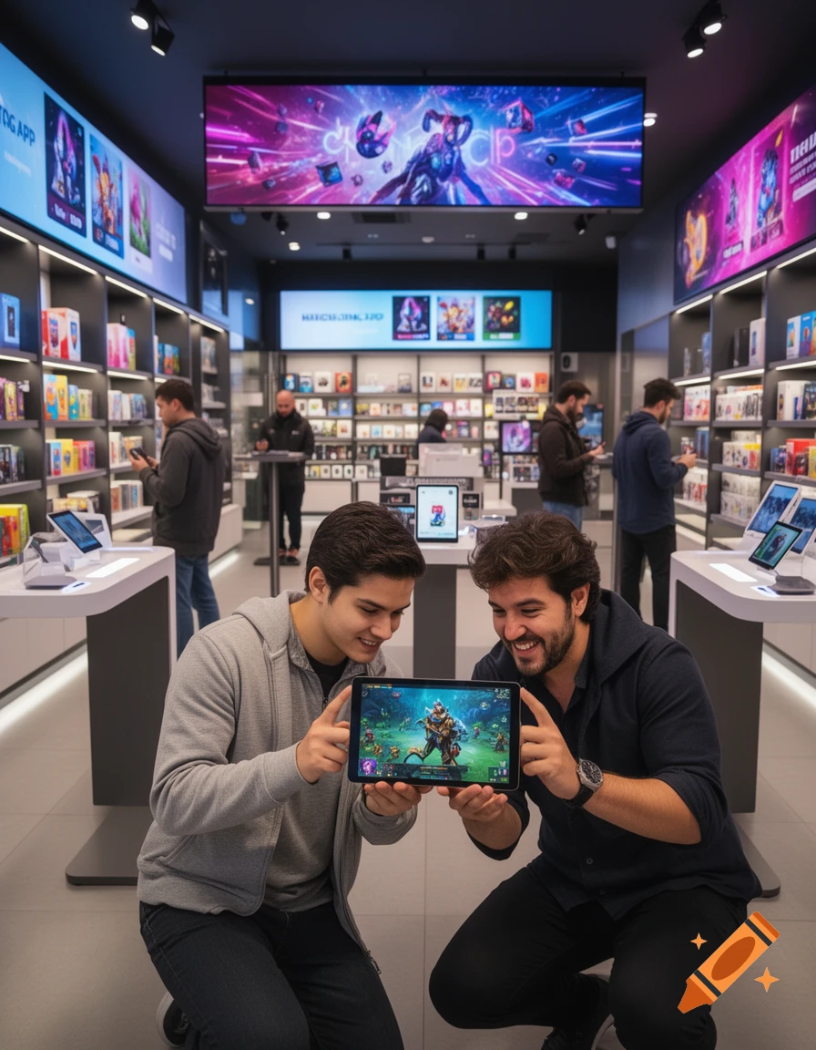 Two smiling men in a modern electronics store look at a tablet displaying a role-playing game, with other shoppers and screens in the background. Photorealistic style.