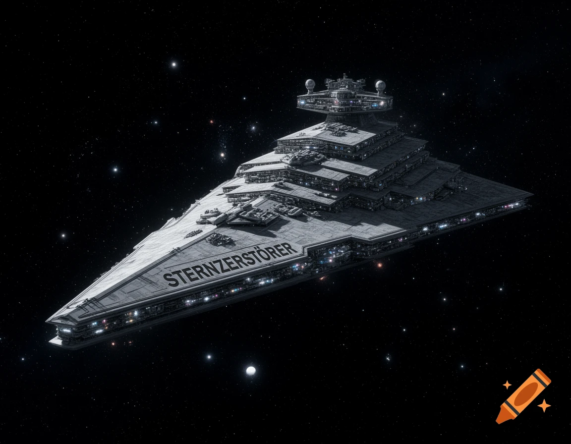 A detailed grey spaceship labeled 'STERNZERSTÖRER' with many illuminated windows, floating in dark, star-filled space.