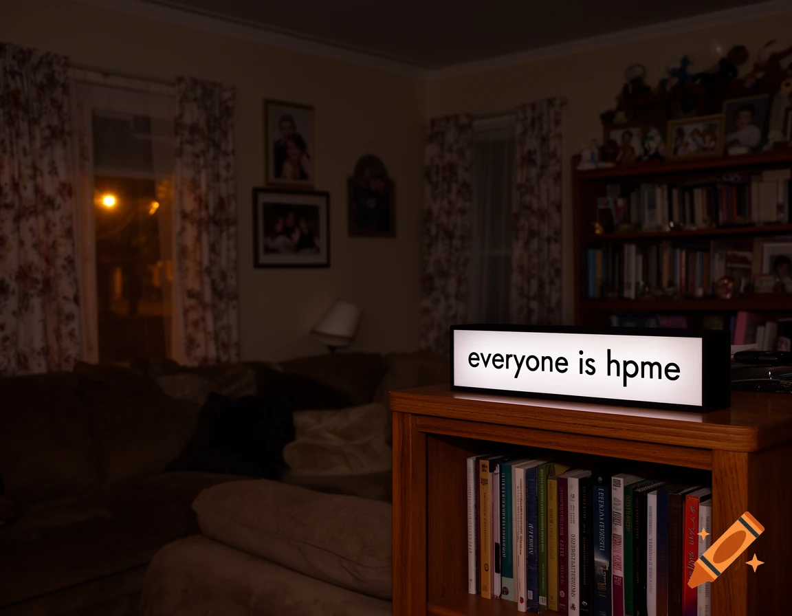 A dimly lit living room at night with a light-up sign reading "everyone is hpme" on a wooden bookshelf.