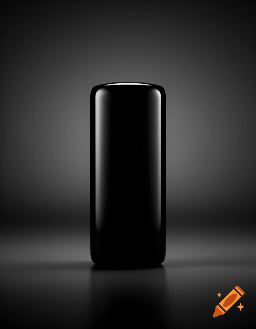 A sleek, glossy black cylindrical object with rounded edges stands vertically on a dark, reflective surface against a black background.