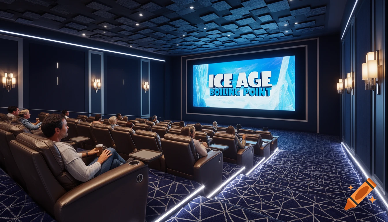 A photorealistic image of a modern, luxurious movie theater with an audience watching 'Ice Age: Boiling Point' on the big screen.